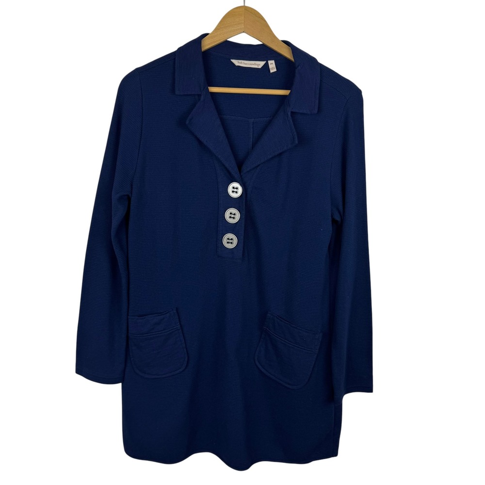 Soft Surroundings Womens Tunic Top Sz PM Blue Button Front Pockets 3/4‎ Sleeve